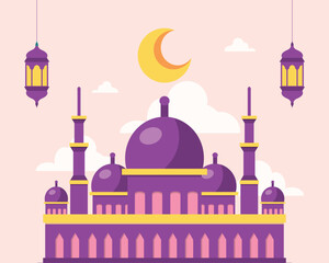 Flat style Eid Mubarak greetings. Lanterns clouds moon. Vector Illustration. Ramadan Kareem.