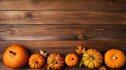 A group of pumpkins with dried autumn leaves and twigs, on a vivid orange color wood boards