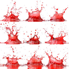 Collections array of vibrant red water splashes suspended in mid-air, frozen in exquisite detail.