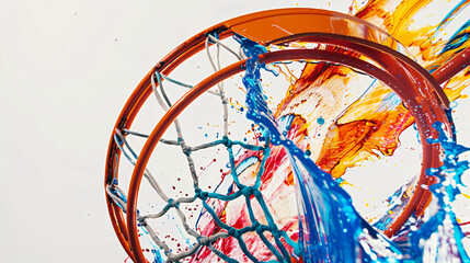 Colorful basketball hoop against white background.