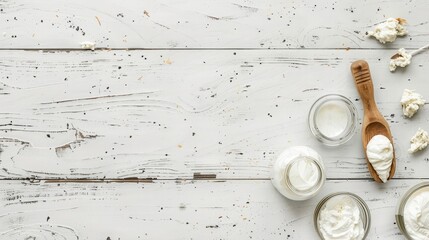 Pouring homemade kefir, buttermilk or yogurt with probiotics. Yogurt flowing from glass bottle on white wooden background. Probiotic cold fermented dairy drink. Trendy food and drink. Copy space left - obrazy, fototapety, plakaty