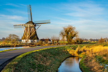 Beautiful dutch landscape, curvy road along the traditional windmill and old willow tree on a sunny...