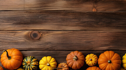A group of pumpkins with dried autumn leaves and twigs, on a colorful color wood boards
