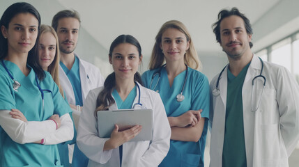 Group of Diverse Healthcare Professionals in Scrubs and Lab Coats at Modern Hospital: Doctors or Nurses with Stethoscopes in Bright, Clean Environment Exuding Professionalism and Resourcefulness