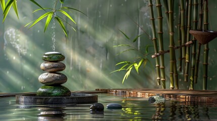 Spa still life with bamboo fountain and zen stone - obrazy, fototapety, plakaty