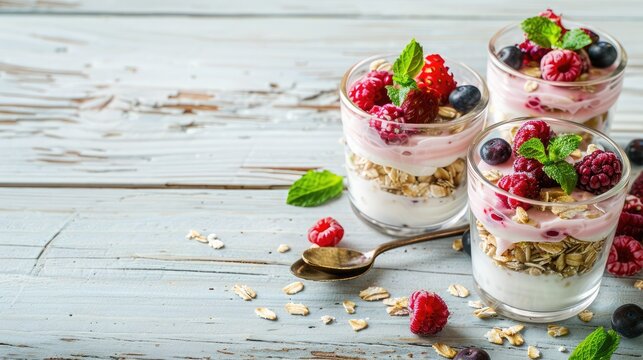 two glasses of healthy strawberry yogurt with fresh berries, oats spoon and mint on white wooden table. healthy breakfast. close up with copy space