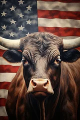 Fotobehang A large bull against the background of the American flag as a symbol of the state of Texas. Revolution or bullfight concept © Sunny