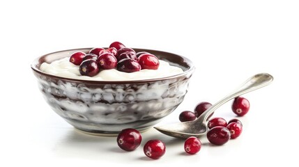 Yogurt in a bowl with cranberries and spoon isolated on white background