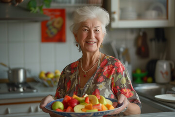 Portrait aged woman in kitchen, fruit salad, healthy diet or nutrition