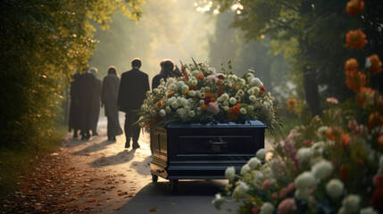 Funeral procession to the cemetery with a coffin and a handful of flowers - obrazy, fototapety, plakaty