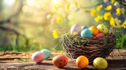 Obraz premium Basket of colorful chicken eggs on a wooden table in the chicken farm