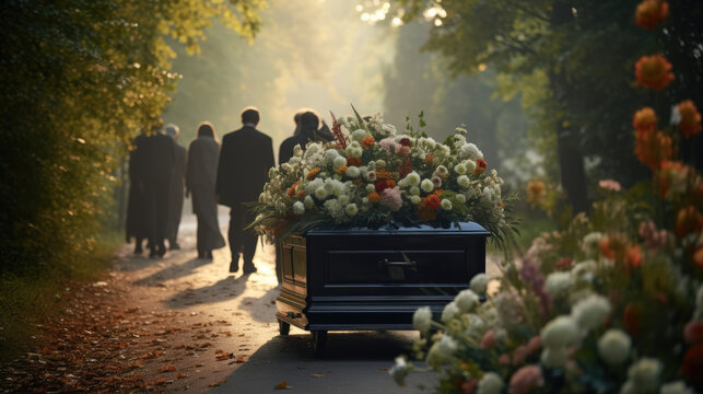 Funeral procession to the cemetery with a coffin and a handful of flowers