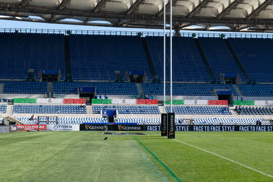 Empty rugby stadium with goal posts and seating, Olympic stadium, Rome