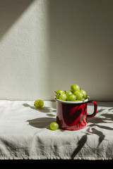 Gooseberry in a red enamel mug in sunlight
