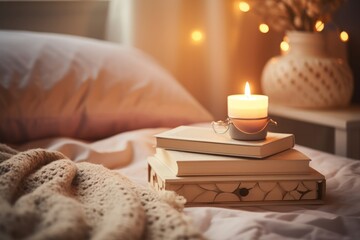 Home decor of a light cozy bedroom interior with litten candle