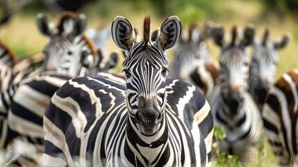 close up from a zebra surrounded with black and white stripes in his herd - obrazy, fototapety, plakaty
