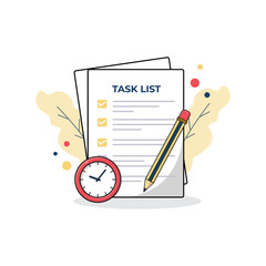 Task List with Clock and Pencil Vector Illustration. Work Process Concept Design