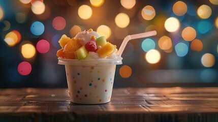 Creamy vanilla frozen yogurt topped with fresh tropical fruit served in a plastic takeaway tub with a disposable teaspoon on a wooden table with a background bokeh of party lights - obrazy, fototapety, plakaty