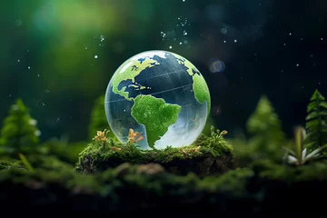 Foto op Plexiglas A globe depicting Earth rests on moss, surrounded by greenery, under a starry sky, illustrating nature and cosmos unity, ai generative © larrui