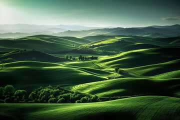 Fototapeta premium A serene landscape of rolling green hills, highlighted by sunlight, creating a peaceful and picturesque natural scenery, ai generative