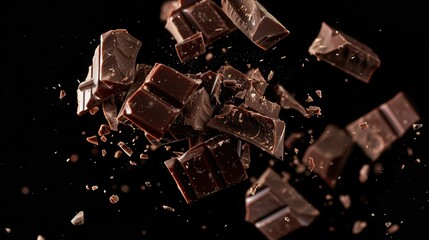 Freeze motion of flying group of raw chocolate pieces. Isolated on black backgroun