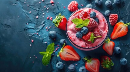 Frozen strawberry yogurt with with fresh fruits and flavored creamy yoghurt - Powered by Adobe