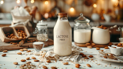 Glass bottle of almond milk with the inscription LACTOSE FREE ideal for dairy-free diets