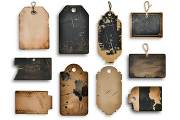 set of blank old sticker, label, price tag template for mockup, dirty, ripped, half peeled, isolated on white