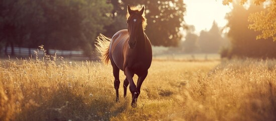 A beautiful brown horse gallops through a grassy meadow at sunset, surrounded by trees and a stunning natural landscape - obrazy, fototapety, plakaty