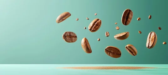Foto auf Acrylglas Kaffee Bar Levitating roasted coffee beans on pastel background with copy space   coffee product concept.