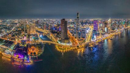 Top view aerial photo from flying drone of a Ho Chi Minh City with development buildings,...