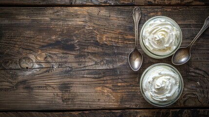 Fototapeta premium Greek yogurt in a glass jars with spoons on wooden background