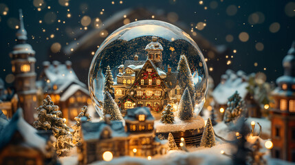 Magical snow globe with Christmas decorations and snowy background