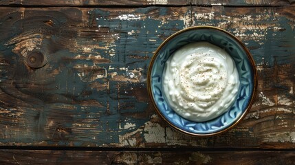 Greek yogurt in blue bowl on rustic wooden table top view