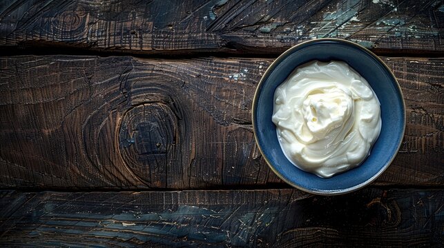 Greek yogurt in blue bowl on rustic wooden table top view