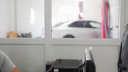 Customer hands over car keys to service center representative for vehicle maintenance. Auto shop admin receives keys, preps for inspection, repair services. Automobile care, trust exchange depicted.