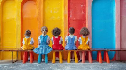 Fototapeta na wymiar Radiant children enjoying friendship and education in a colorful school environment .