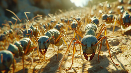 An army of marching ants carrying food back to their colony, each one following the scent trail diligently. - obrazy, fototapety, plakaty