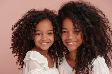 Pareja de hermanas afroamericanas jovenes y sonrientes de pelo largo rizado, con vestido blanco, sobre fondo rosa claro pastel