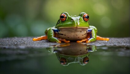 A vibrant green tree frog takes a leap onto a rock on a february day, basking in the outdoor tranquility of a leap year