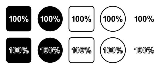 Icon set of 100 percent symbol. Filled, outline, black and white icons set, flat style.  Illustration on transparent background