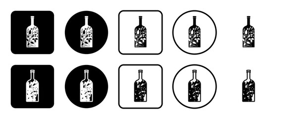Icon set of a branch in a bottle symbol. Filled, outline, black and white icons set, flat style.  Illustration on transparent background