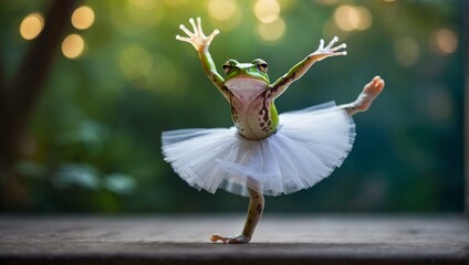 A graceful frog takes a leap on a sunny february day, showcasing its ballet skills in an outdoor dance, adorned in a colorful tutu