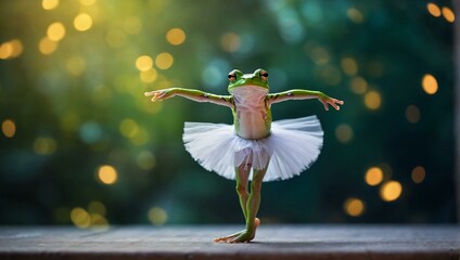 A graceful leap in the outdoor ballet performance, a frog dons a delicate white tutu on this extra day in february, dancing among the plants in celebration of leap year