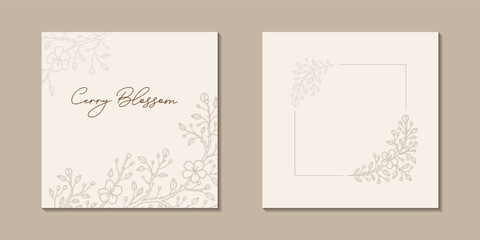Two sides certificate, greeting card, invitation. Floral social media post template set. Sakura blossom golden pastel background. Flower elegant modern design.