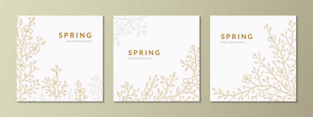 Set of spring social media square post templates. Japanese sakura cherry blossom. Gold and silver branches. Botany background. Hand drawn sketch vector illustration. Wedding invitation design