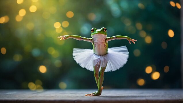 A graceful leap in the outdoor ballet performance, a frog dons a delicate white tutu on this extra day in february, dancing among the plants in celebration of leap year