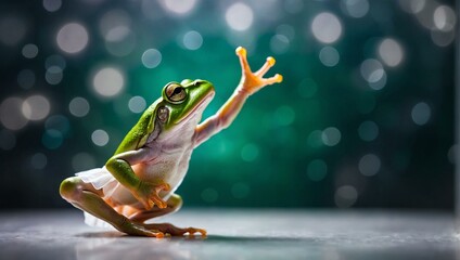 In the leap year of february, a true frog basks in the sun with its hand raised in a moment of peaceful contemplation - obrazy, fototapety, plakaty