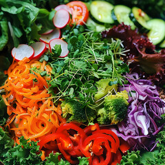 Healthy salad of fresh vegetables and greens, fresh ingredients, sustainable food, healthy diet.