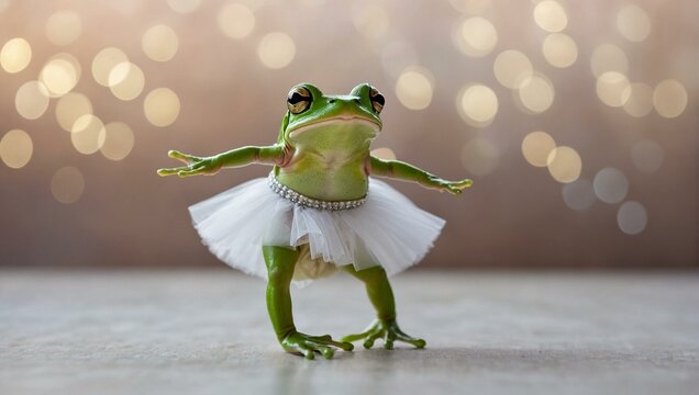 A vibrant green frog leaps gracefully in a tutu, celebrating leap day in february as a true amphibian fashionista